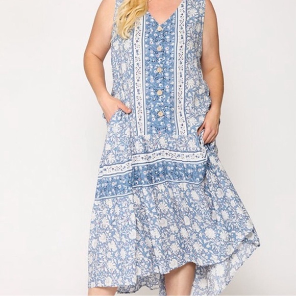 GiGiO Boho Sleeveless V Neck Button Down Long Blue Dress Ruffled Hem Size Medium - Picture 1 of 16